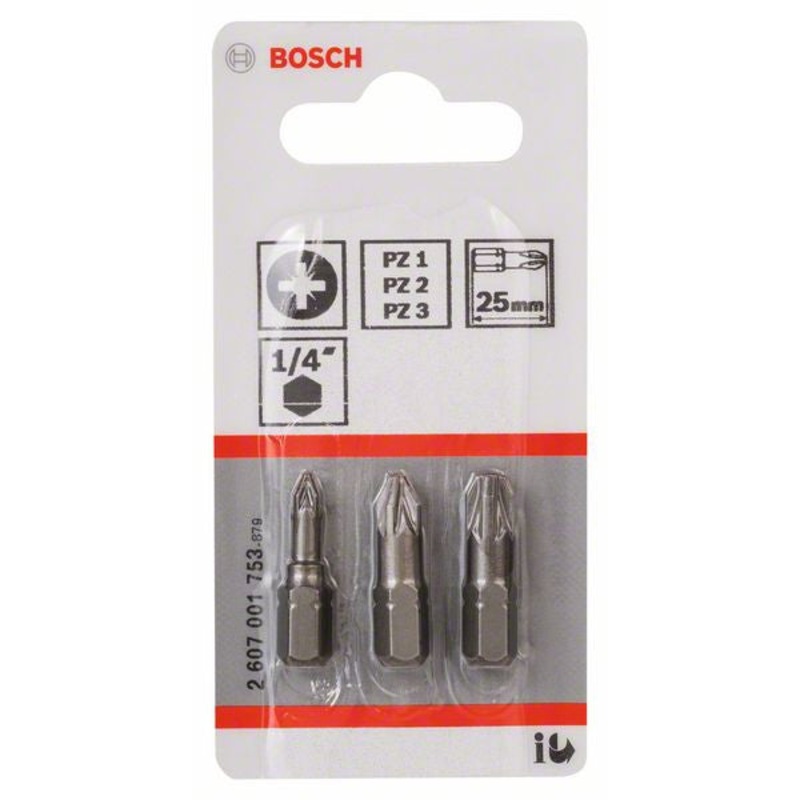 Bosch 3 piece screwdriver bit set. Extra Hard version (PZ) PZ1; PZ2; PZ3; 25 mm 2607001753
