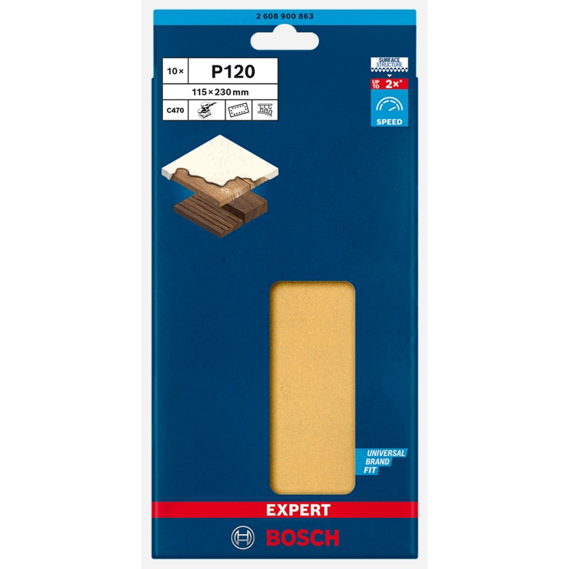 Bosch EXPERT C470 Sandpaper with 14 holes for Orbital Sanders 115 x 230 mm 120 Grit 10 Pack