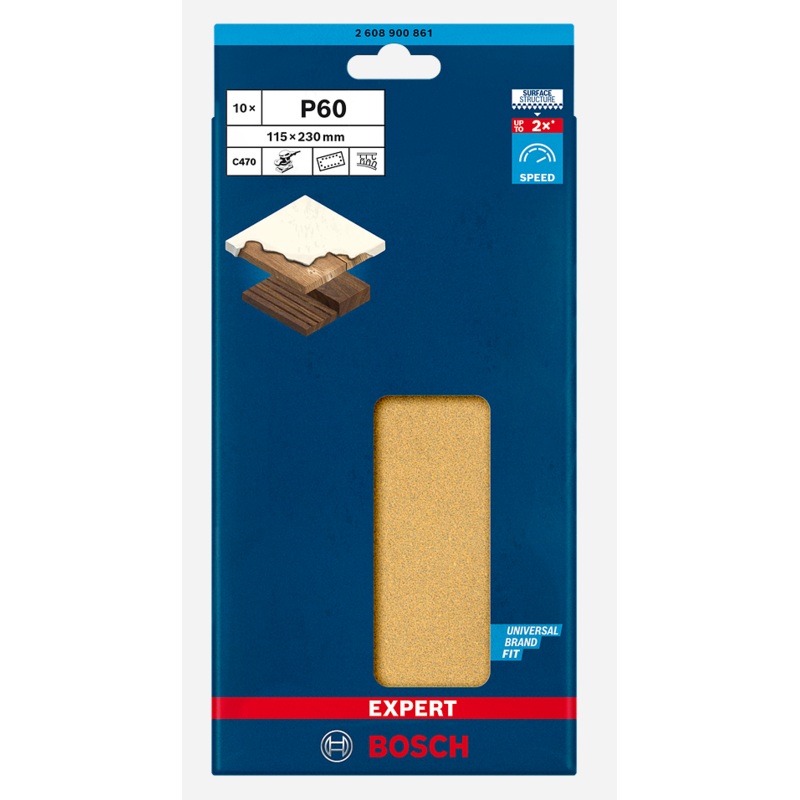 Bosch EXPERT C470 Sandpaper with 14 holes for Orbital Sanders 115 x 230 mm 60 Grit 10 Pack