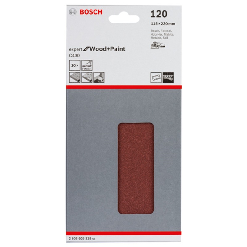 Bosch C430 sanding sheet 115 x 230 mm. 120G pack of 10 2608605318