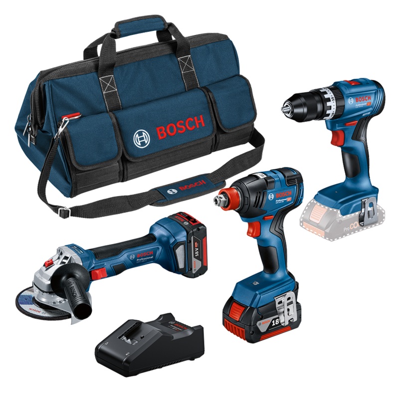 Bosch 3 tool kit 18V: GSB 18V-45 + GDX 18V-200 + GWS 18V-7 + 2×5.0Ah + GAL 18V-40 + Bag M (C) UK 0615990N35