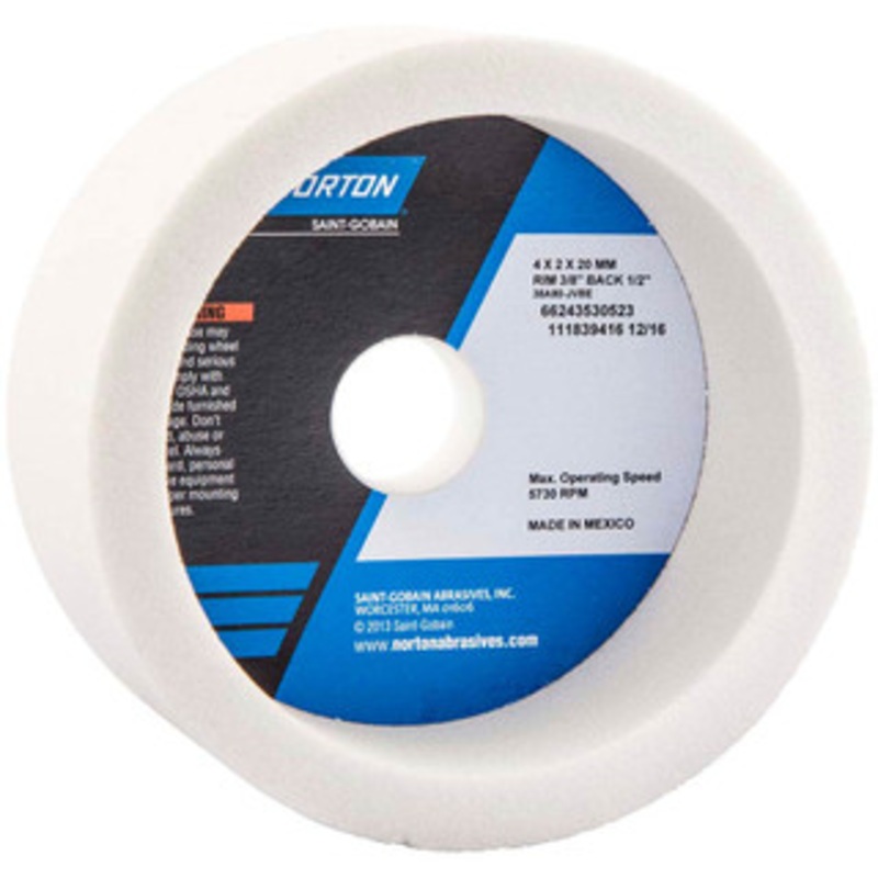 Norton 4 Diam, 20mm Hole Size, 2 Overall Thickness, 80 Grit, Type 6 Tool & Cutter Grinding Wheel Medium Grade, Aluminum Oxide, J Hardness, Vitrified Bond, 5,730 RPM 66243530523 – 90855602