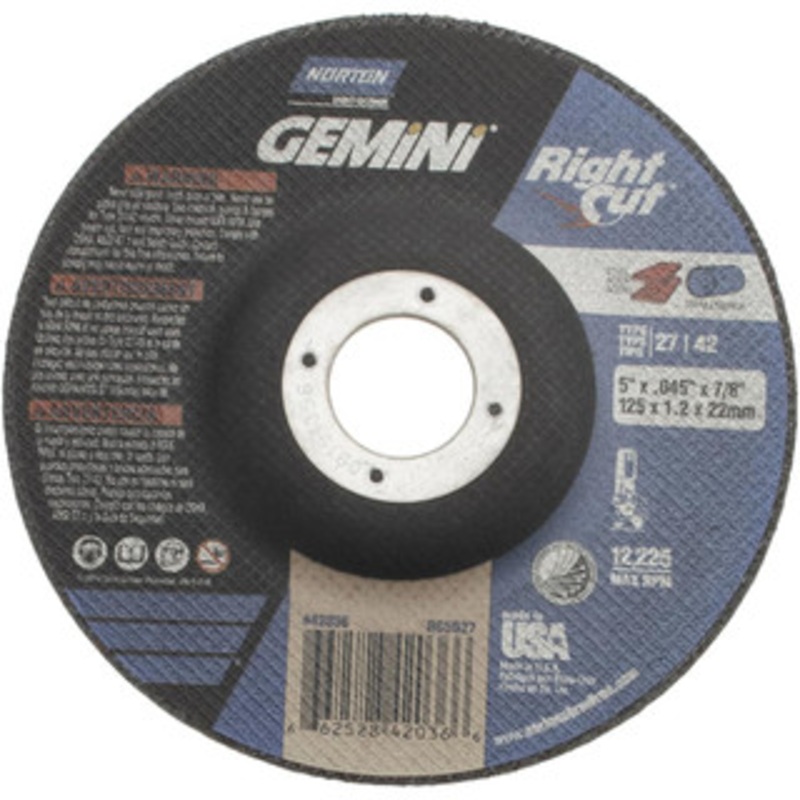 Norton 46 Grit, 5 Wheel Diam, 7/8 Arbor Hole, Type 27 Depressed Center Wheel Aluminum Oxide, 12,225 Max RPM 66252842036 – 58392838