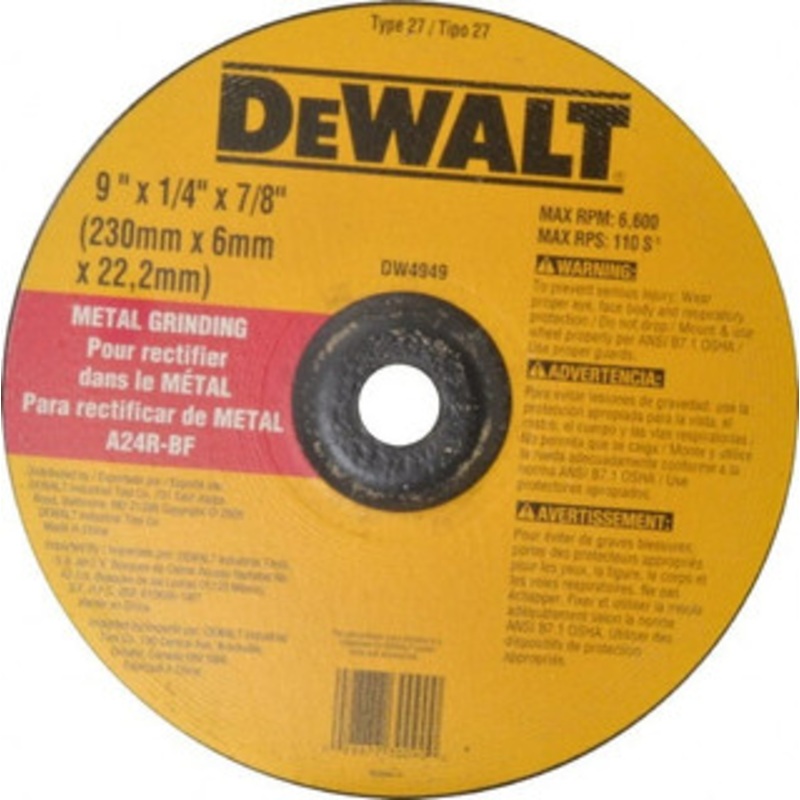 DeWALT 24 Grit, 9 Wheel Diam, 1/4 Wheel Thickness, 7/8 Arbor Hole, Type 27 Depressed Center Wheel Aluminum Oxide, R Hardness, 6,600 Max RPM, Compatible with Angle Grinder DW4949 – 08701856