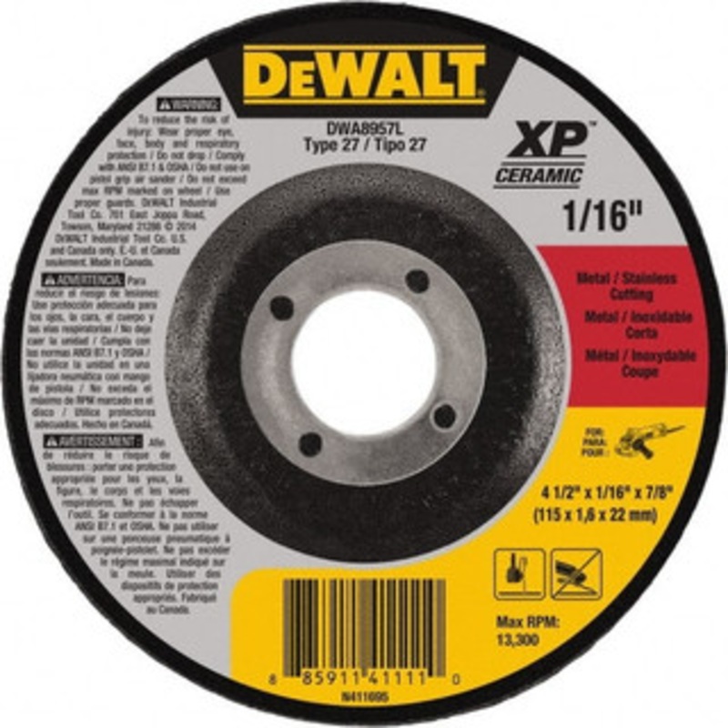 DeWALT 4-1/2 Wheel Diam, 1/16 Wheel Thickness, 7/8 Arbor Hole, Type 27 Depressed Center Wheel Fine/Coarse Grade, Ceramic, 13,300 Max RPM DWA8957L – 41736216