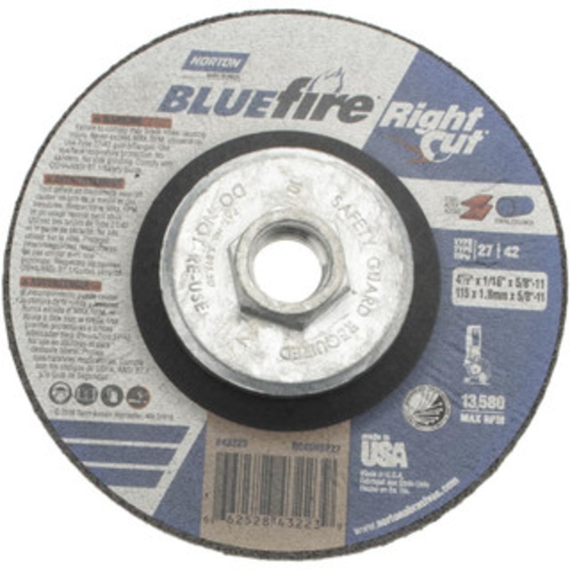 Norton 36 Grit, 4-1/2 Wheel Diam, 1/16 Wheel Thickness, Type 27 Depressed Center Wheel Zirconia Alumina, T Hardness, 13,580 Max RPM, Compatible with Angle Grinder 66252843223 – 59944983