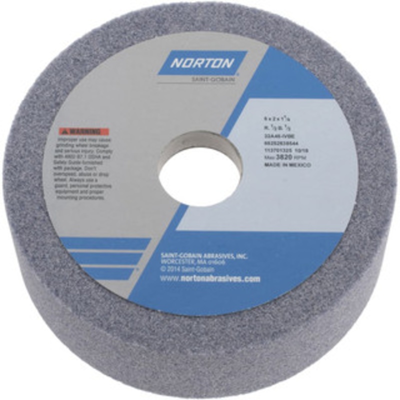 Norton 6 Diam, 1-1/4 Hole Size, 2 Overall Thickness, 46 Grit, Type 6 Tool & Cutter Grinding Wheel Coarse Grade, Aluminum Oxide, I Hardness, Vitrified Bond, 3,820 RPM 66252838544 – 05969472
