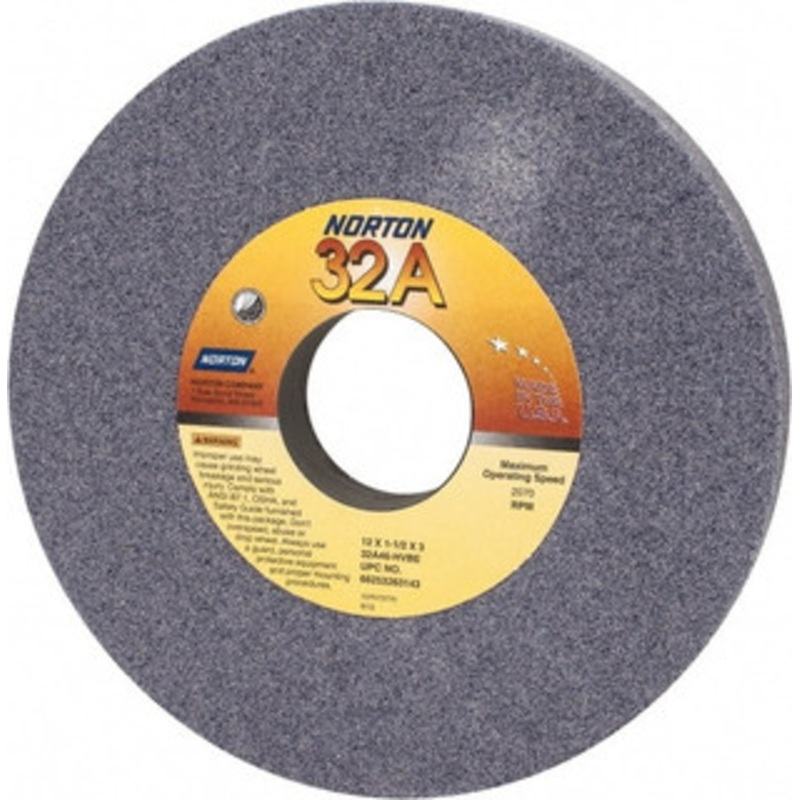Norton 12 Diam x 3 Hole x 1-1/2 Thick, H Hardness, 46 Grit Surface Grinding Wheel Aluminum Oxide, Type 1, Coarse Grade, 2,070 Max RPM, Vitrified Bond, No Recess 66253263143 – 82954587
