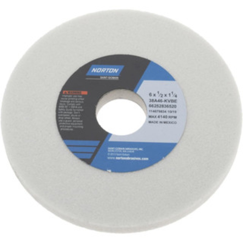 Norton 6 Diam x 1-1/4 Hole x 1/2 Thick, K Hardness, 46 Grit Surface Grinding Wheel Aluminum Oxide, Type 1, Coarse Grade, 4,140 Max RPM, Vitrified Bond, No Recess 66252836520 – 05932652