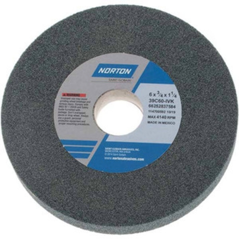 Norton 6 Diam x 1-1/4 Hole x 3/4 Thick, I Hardness, 60 Grit Surface Grinding Wheel Silicon Carbide, Type 1, Medium Grade, 4,140 Max RPM, Vitrified Bond, No Recess 66252837584 – 01916980