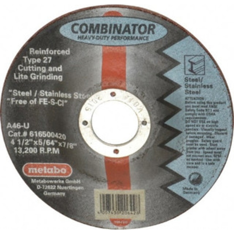 Metabo 4-1/2 x 5/64, 7/8 Hole Zirconia Alumina Cutoff Wheel Reinforced, Use with Angle Grinders 616500420 – 88303797
