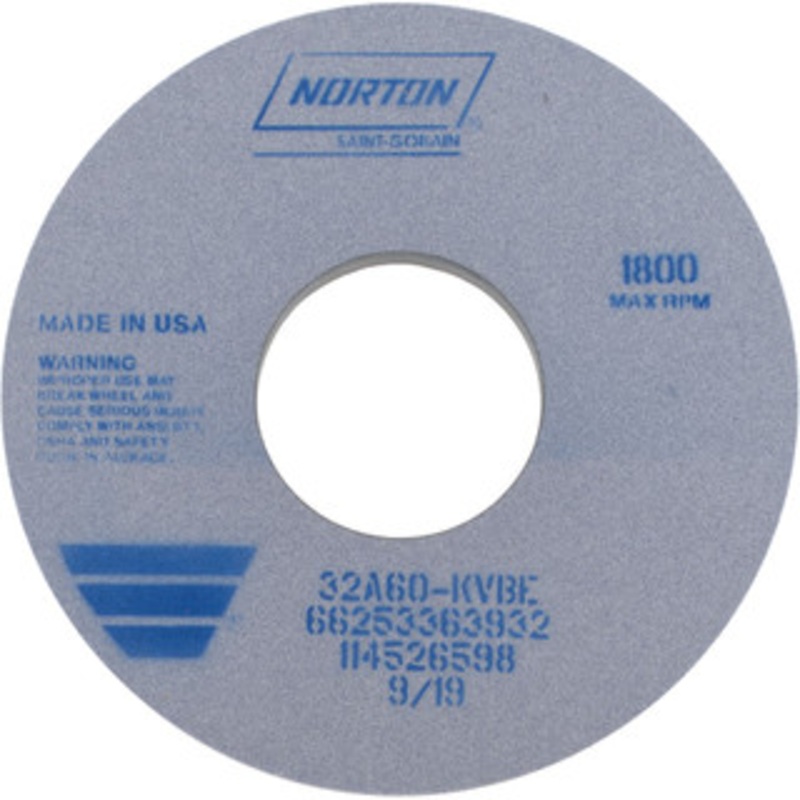 Norton 14 Diam x 5 Hole x 1 Thick, K Hardness, 60 Grit Surface Grinding Wheel Aluminum Oxide, Type 1, Medium Grade, 1,800 Max RPM, Vitrified Bond, No Recess 66253363932 – 97745335