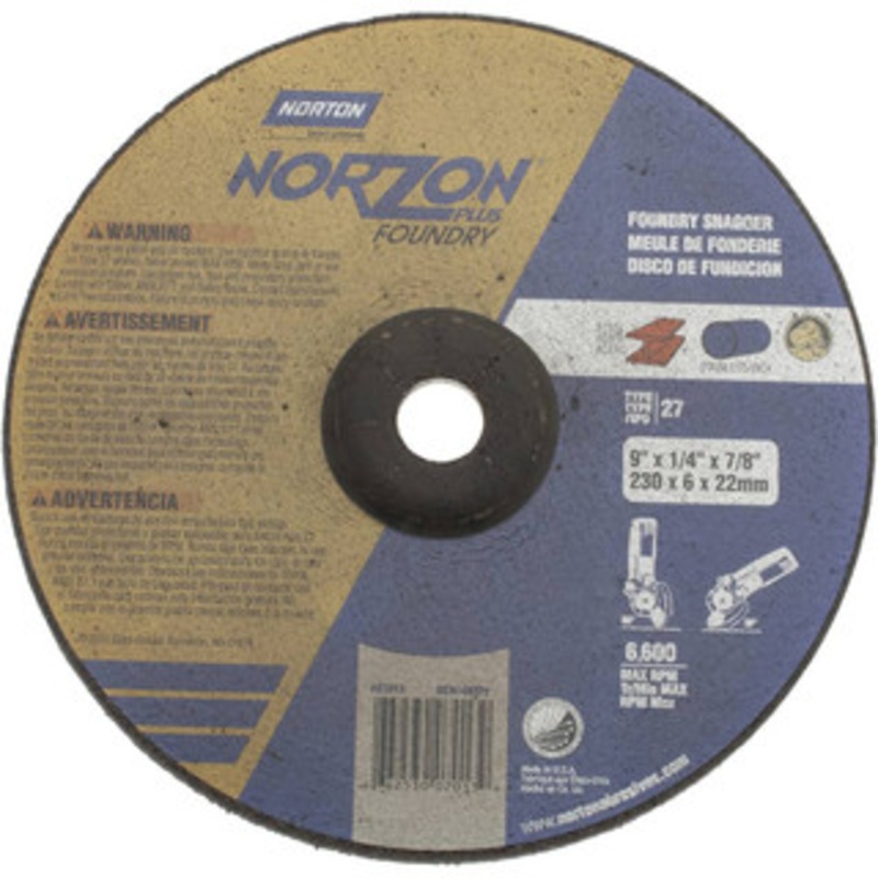 Norton 9 Wheel Diam, 1/4 Wheel Thickness, 7/8 Arbor Hole, Depressed Center Wheel Ceramic, Resinoid Bond, 6,600 Max RPM 66253007013 – 42065169