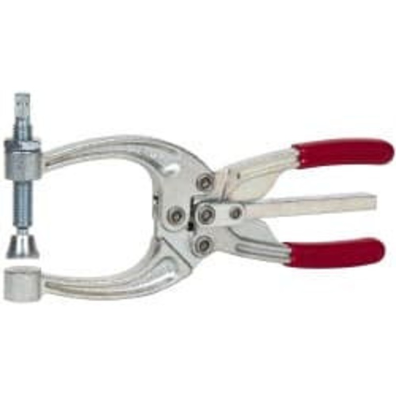Destaco 3113.76 N Load Capacity, 2.72 Throat Depth, 8.51 OAL, Carbon Steel, C Style Plier Clamp 4.16 Max Jaw Capacity, M10x1.5 Spindle, 4.16 Open Throat Height, Red Handle, Spindle End 462 – 06996680
