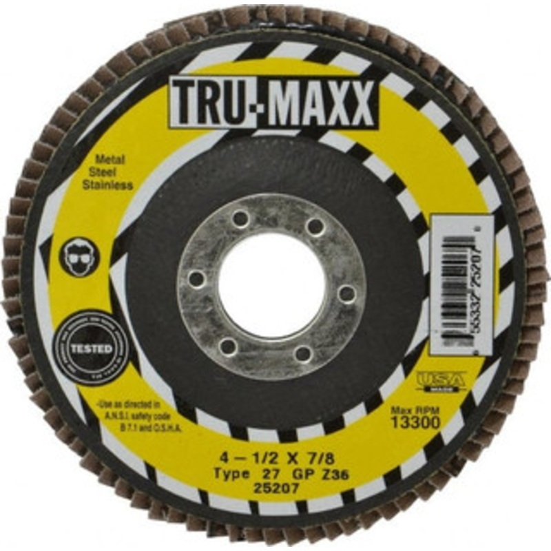 Tru-Maxx 4-1/2 36 Grit 7/8 Center Hole Type 27 Zirconia Alumina Flap Disc Very Coarse Grade, Coated, Arbor Attachment, 13,300 RPM 25207 – 86779097