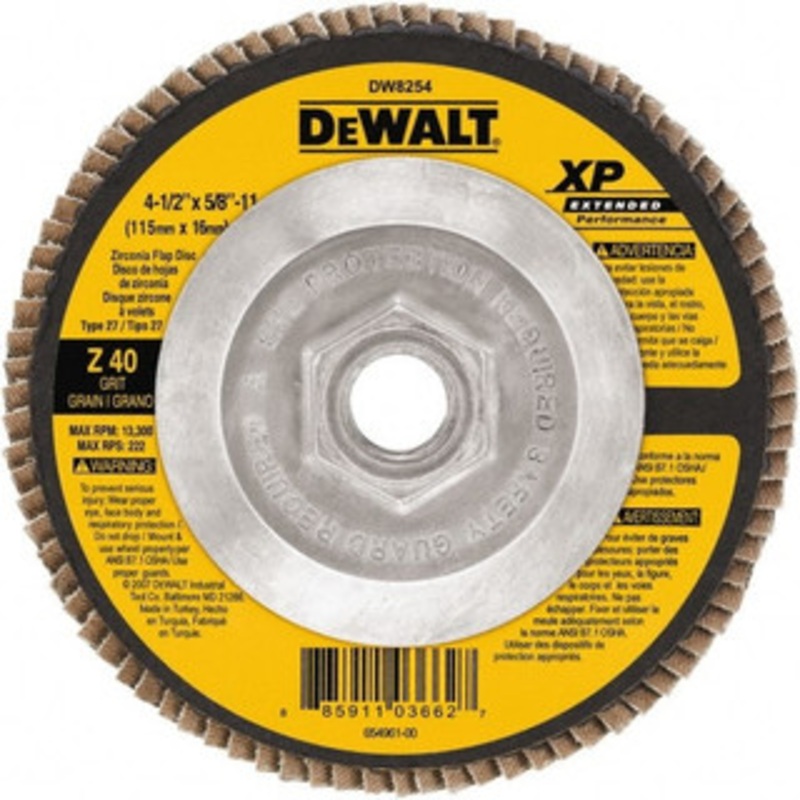 DeWALT 4-1/2 40 Grit 5/8-11 Center Hole Type 27 Zirconia Alumina Flap Disc Coarse Grade, Coated, Arbor Attachment, Cloth Backing, 13,300 RPM DW8254 – 71170997