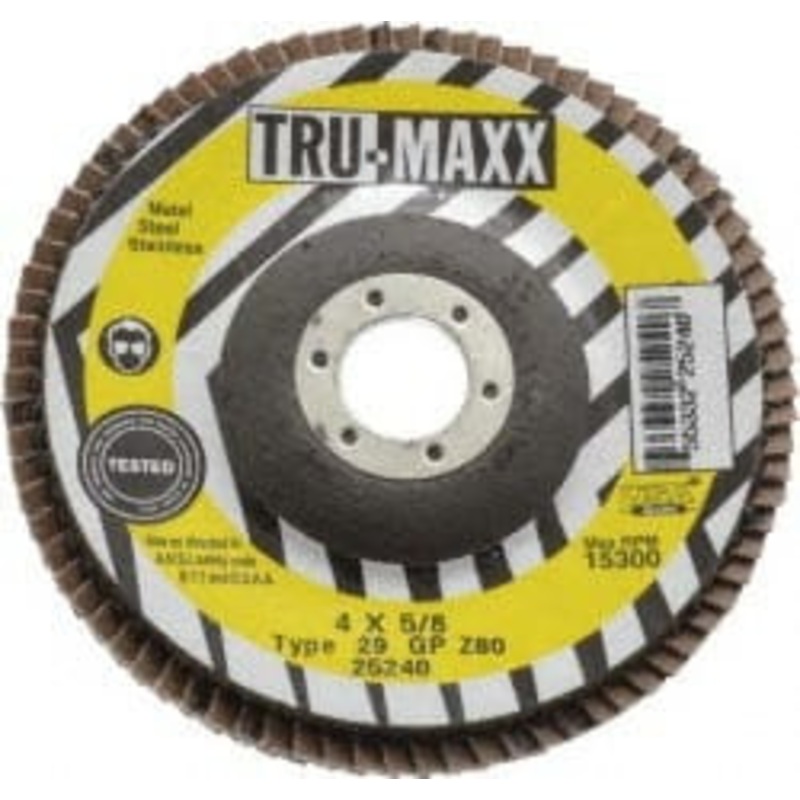 Tru-Maxx 4 80 Grit 5/8 Center Hole Type 29 Zirconia Alumina Flap Disc Medium Grade, Coated, Arbor Attachment, 15,300 RPM 25240 – 86779428