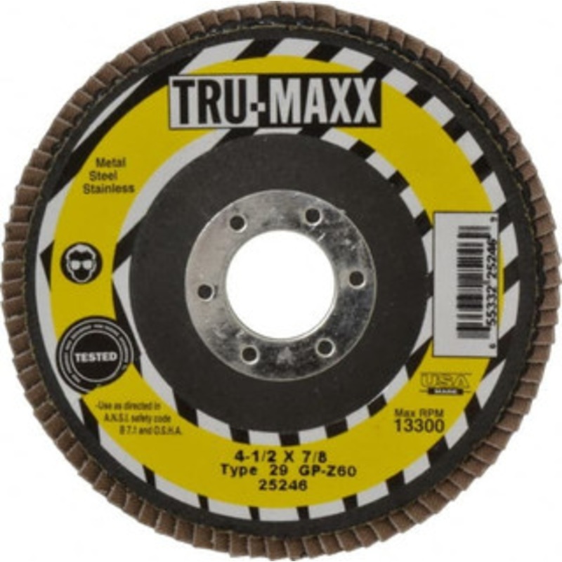 Tru-Maxx 4-1/2 60 Grit 7/8 Center Hole Type 29 Zirconia Alumina Flap Disc Medium Grade, Coated, Arbor Attachment, 13,300 RPM 25246 – 86779485