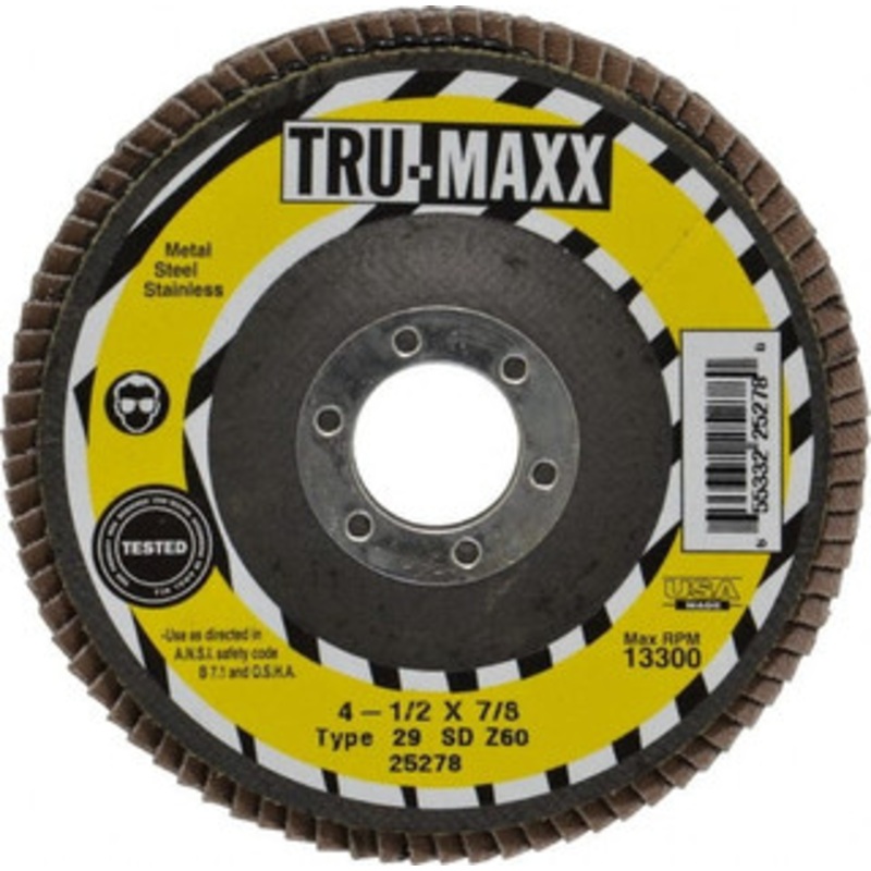 Tru-Maxx 4-1/2 60 Grit 7/8 Center Hole Type 29 Zirconia Alumina Flap Disc Medium Grade, Coated, Arbor Attachment, 13,300 RPM 25278 – 86779816