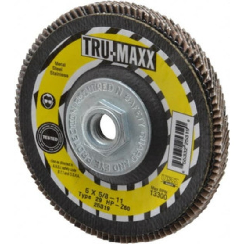 Tru-Maxx 5 60 Grit 5/8-11 Center Hole Type 29 Zirconia Alumina Flap Disc Medium Grade, Coated, Arbor Attachment, 12,200 RPM 25319 – 73225070