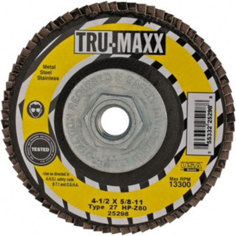 Tru-Maxx 4-1/2 80 Grit 5/8-11 Center Hole Type 27 Zirconia Alumina Flap Disc Medium Grade, Coated, Arbor Attachment, 13,300 RPM 25298 – 06379358