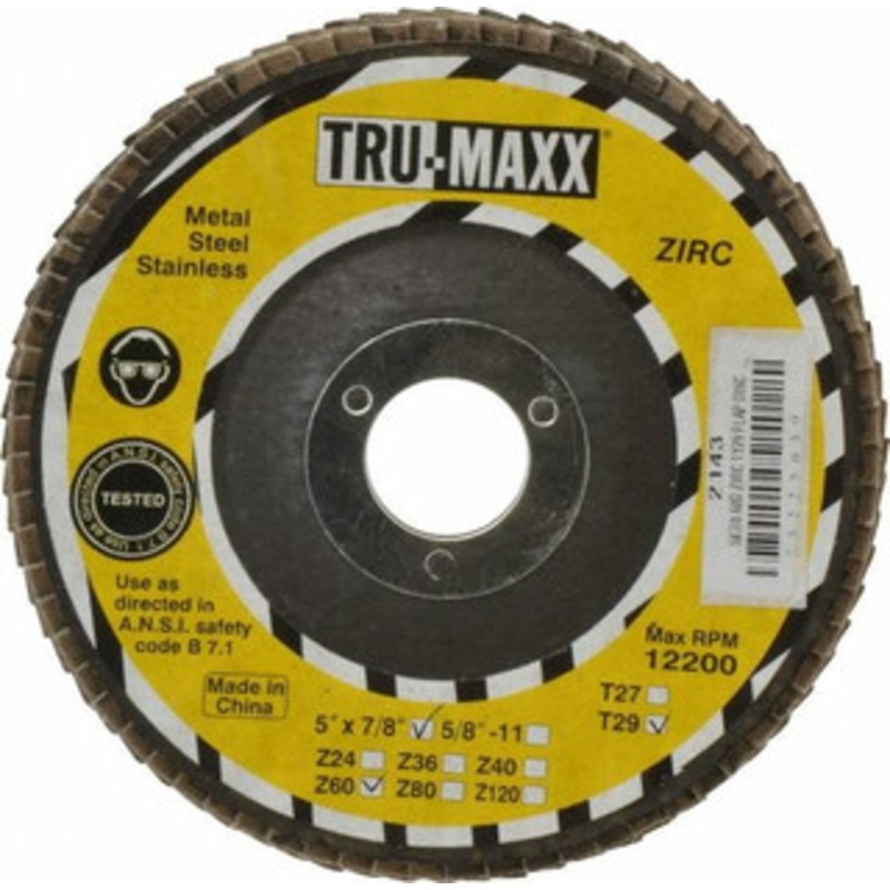 Tru-Maxx 5 60 Grit 7/8 Center Hole Type 29 Zirconia Alumina Flap Disc Medium Grade, Coated, Arbor Attachment, 12,200 RPM 25315 – 73225039