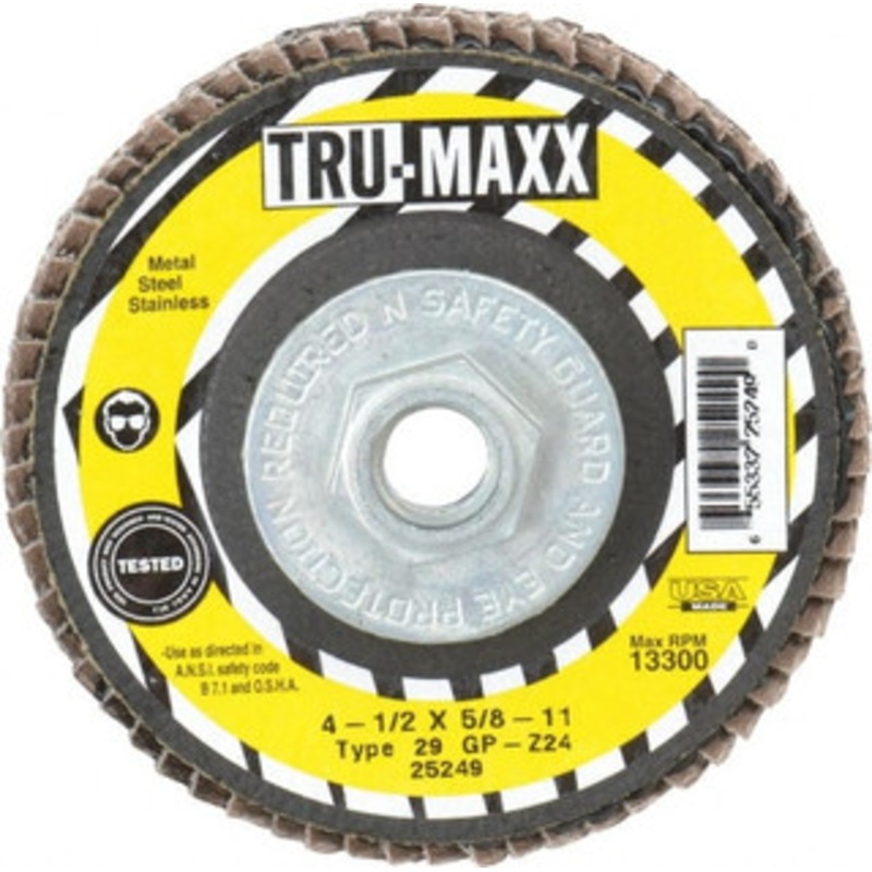 Tru-Maxx 4-1/2 24 Grit 5/8-11 Center Hole Type 29 Zirconia Alumina Flap Disc Very Coarse Grade, Coated, Arbor Attachment, 13,300 RPM 25249 – 40140485