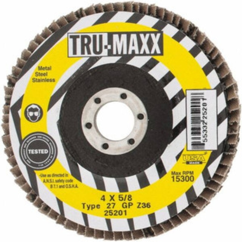 Tru-Maxx 4 36 Grit 5/8 Center Hole Type 27 Zirconia Alumina Flap Disc Very Coarse Grade, Coated, Arbor Attachment, 15,300 RPM 25201 – 86779030