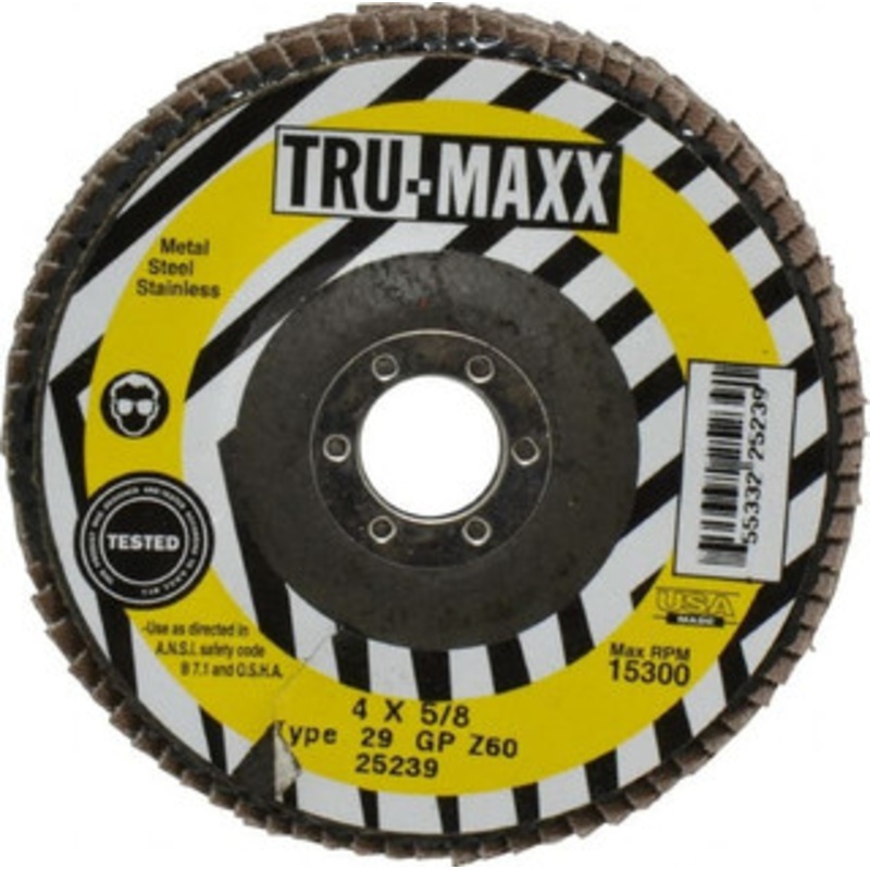 Tru-Maxx 4 60 Grit 5/8 Center Hole Type 29 Zirconia Alumina Flap Disc Medium Grade, Coated, Arbor Attachment, 15,300 RPM 25239 – 86779410