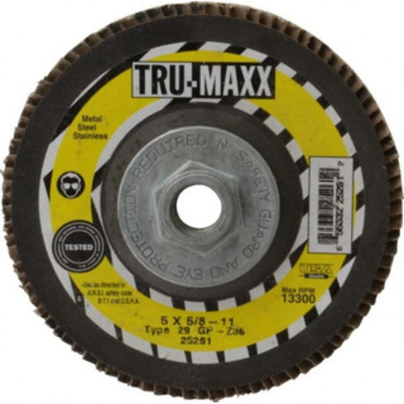 Tru-Maxx 5 36 Grit 5/8-11 Center Hole Type 29 Zirconia Alumina Flap Disc Very Coarse Grade, Coated, Arbor Attachment, 12,200 RPM 25261 – 86779642