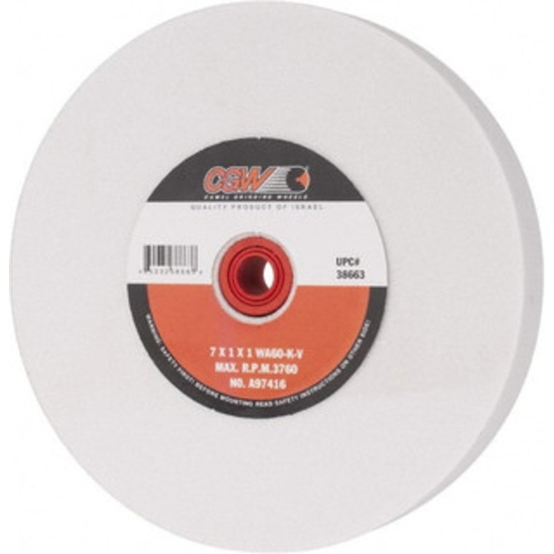 CGW Abrasives 60 Grit Aluminum Oxide Bench & Pedestal Grinding Wheel 7 Diam x 1 Hole x 1 Thick, 3760 Max RPM, K Hardness, Medium Grade , Vitrified Bond 38663 – 78203031