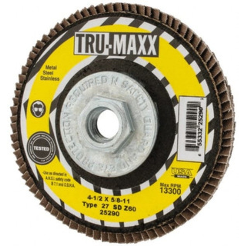 Tru-Maxx 4-1/2 60 Grit 5/8-11 Center Hole Type 27 Zirconia Alumina Flap Disc Medium Grade, Coated, Arbor Attachment, 13,300 RPM 25290 – 86779931
