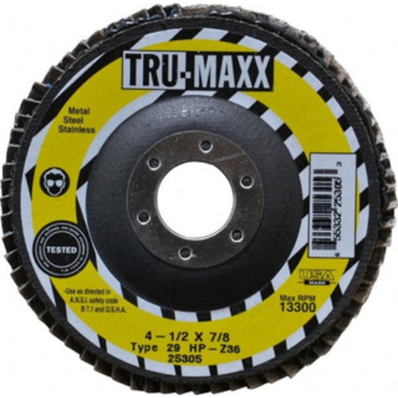 Tru-Maxx 4-1/2 36 Grit 7/8 Center Hole Type 29 Zirconia Alumina Flap Disc Very Coarse Grade, Coated, Arbor Attachment, 13,300 RPM 25305 – 73224933