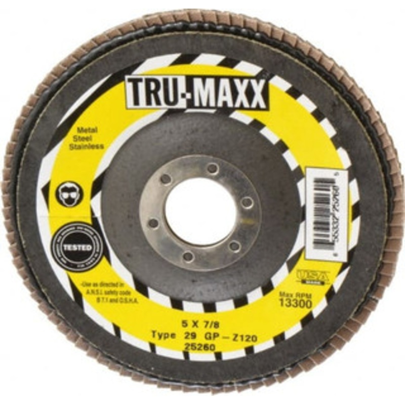 Tru-Maxx 5 120 Grit 7/8 Center Hole Type 29 Zirconia Alumina Flap Disc Fine Grade, Coated, Arbor Attachment, 12,200 RPM 25260 – 86779634