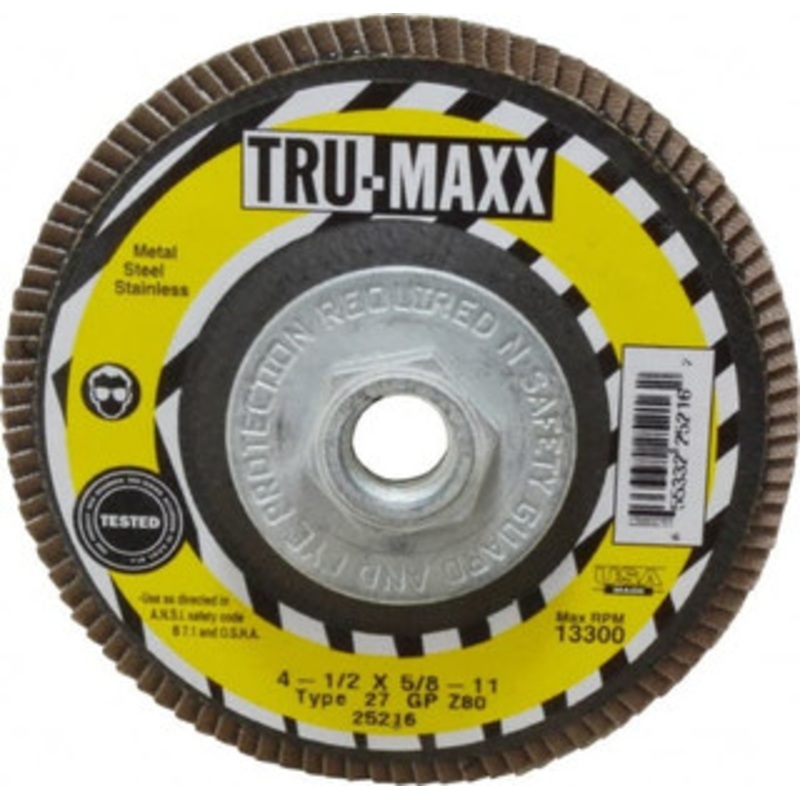 Tru-Maxx 4-1/2 80 Grit 5/8-11 Center Hole Type 27 Zirconia Alumina Flap Disc Medium Grade, Coated, Arbor Attachment, 13,300 RPM 25216 – 86779188