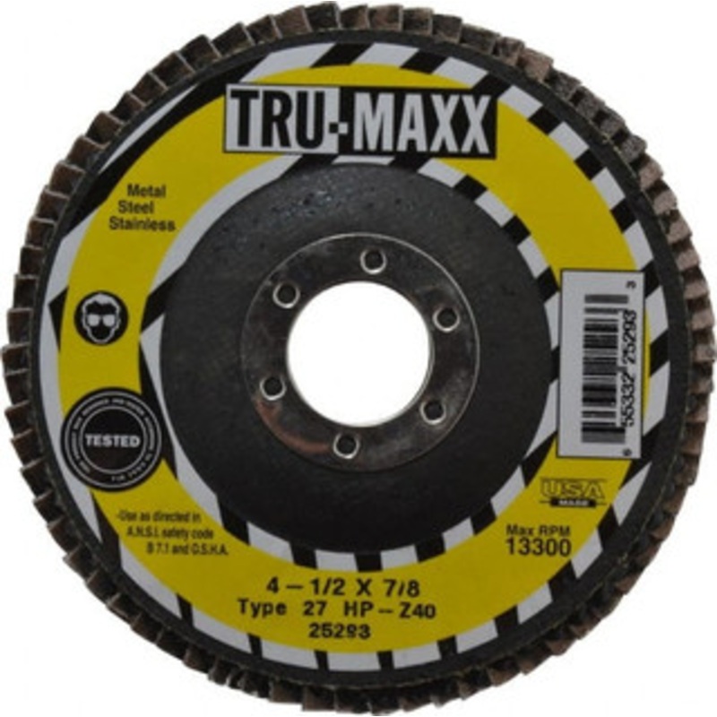Tru-Maxx 4-1/2 40 Grit 7/8 Center Hole Type 27 Zirconia Alumina Flap Disc Coarse Grade, Coated, Arbor Attachment, 13,300 RPM 25293 – 06379309