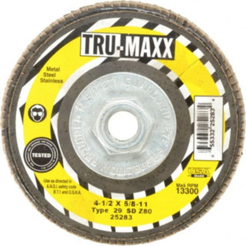 Tru-Maxx 4-1/2 80 Grit 5/8-11 Center Hole Type 29 Zirconia Alumina Flap Disc Medium Grade, Coated, Arbor Attachment, 13,300 RPM 25283 – 86779865