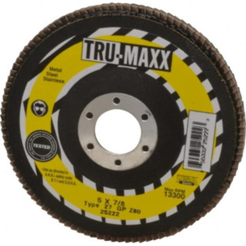 Tru-Maxx 5 36 Grit 7/8 Center Hole Type 29 Zirconia Alumina Flap Disc Very Coarse Grade, Coated, Arbor Attachment, 12,200 RPM 25256 – 86779592