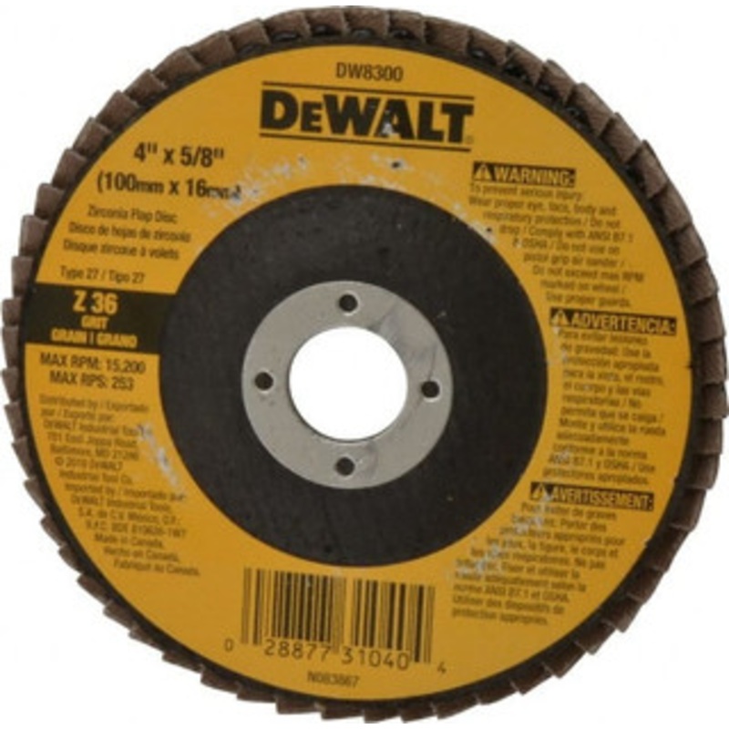 DeWALT 4 36 Grit 5/8 Center Hole Type 27 Zirconia Alumina Flap Disc Extra Coarse Grade, Coated, Arbor Attachment, Fiberglass Backing, 15,200 RPM DW8300 – 73201220