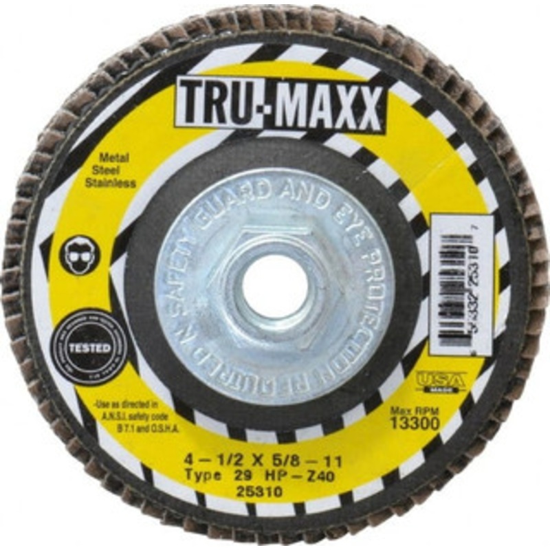 Tru-Maxx 4-1/2 40 Grit 5/8-11 Center Hole Type 29 Zirconia Alumina Flap Disc Coarse Grade, Coated, Arbor Attachment, 13,300 RPM 25310 – 73224982
