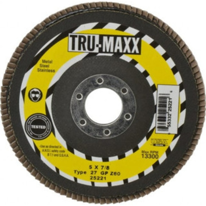 Tru-Maxx 5 60 Grit 7/8 Center Hole Type 27 Zirconia Alumina Flap Disc Medium Grade, Coated, Arbor Attachment, 12,200 RPM 25221 – 86779238