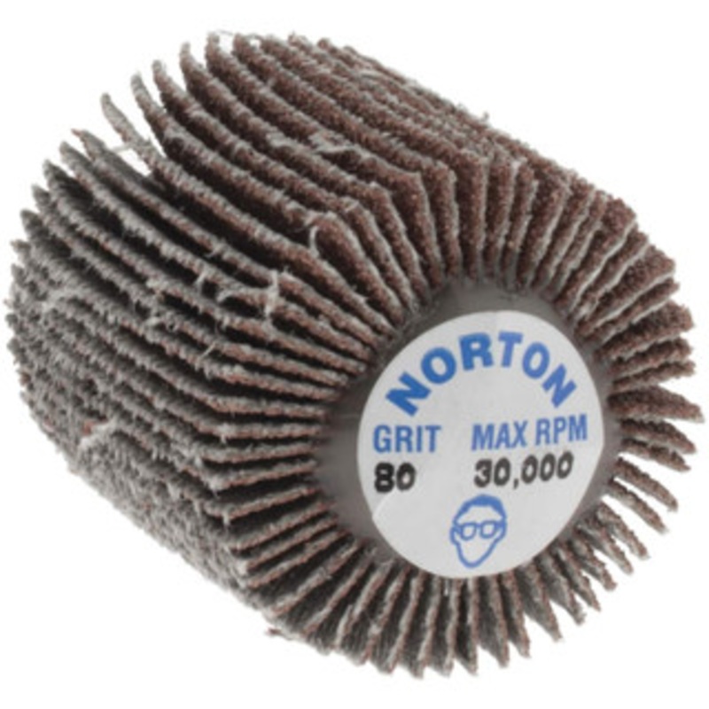 Norton 1 Diam x 1 Face Width, Medium Aluminum Oxide Coated Mounted Flap Wheel 1/4-20 Threaded Mount, 80 Grit, Cloth Backing, 30,000 Max RPM 63642502629 – 05097985
