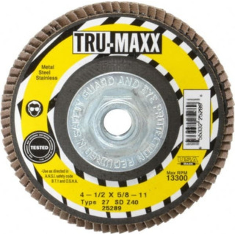 Tru-Maxx 4-1/2 40 Grit 5/8-11 Center Hole Type 27 Zirconia Alumina Flap Disc Coarse Grade, Coated, Arbor Attachment, 13,300 RPM 25289 – 86779923