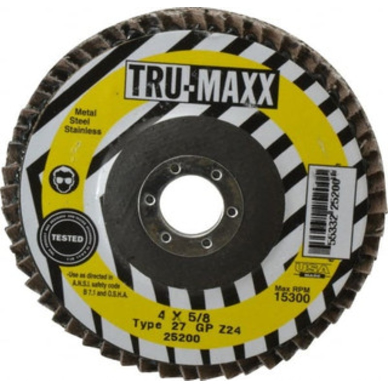 Tru-Maxx 4 24 Grit 5/8 Center Hole Type 27 Zirconia Alumina Flap Disc Very Coarse Grade, Coated, Arbor Attachment, 15,300 RPM 25200 – 40140212