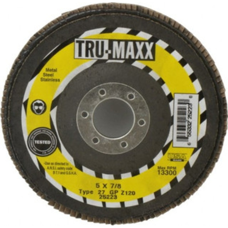 Tru-Maxx 5 120 Grit 7/8 Center Hole Type 27 Zirconia Alumina Flap Disc Fine Grade, Coated, Arbor Attachment, 12,200 RPM 25223 – 86779253