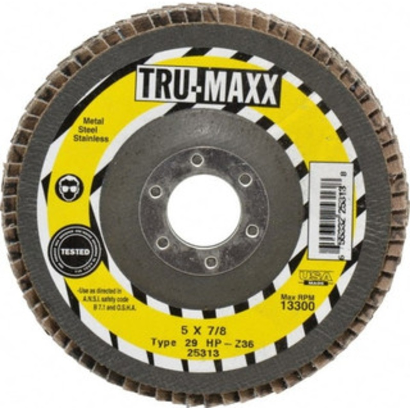 Tru-Maxx 5 36 Grit 7/8 Center Hole Type 29 Zirconia Alumina Flap Disc Very Coarse Grade, Coated, Arbor Attachment, 12,200 RPM 25313 – 73225013