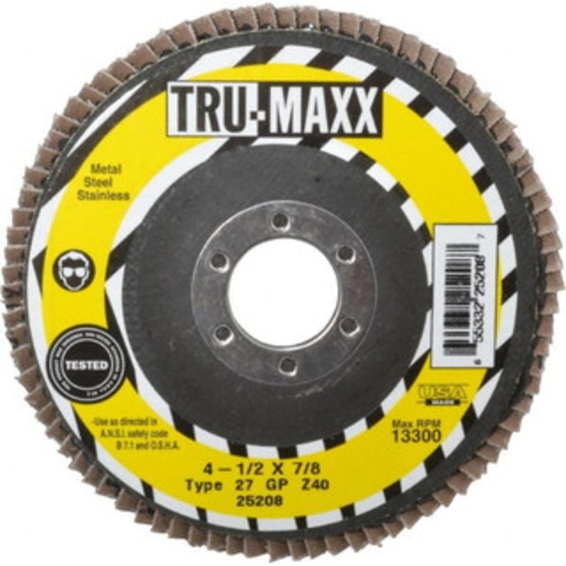 Tru-Maxx 4-1/2 40 Grit 7/8 Center Hole Type 27 Zirconia Alumina Flap Disc Coarse Grade, Coated, Arbor Attachment, 13,300 RPM 25208 – 86779105