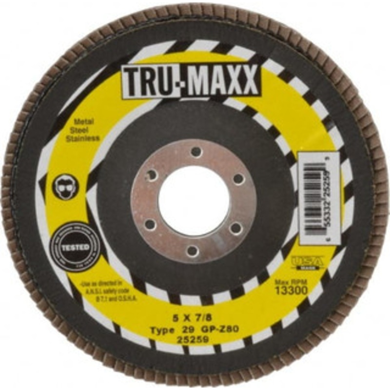 Tru-Maxx 5 80 Grit 7/8 Center Hole Type 29 Zirconia Alumina Flap Disc Medium Grade, Coated, Arbor Attachment, 12,200 RPM 25259 – 86779626