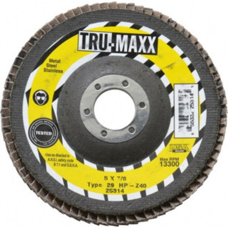 Tru-Maxx 5 40 Grit 7/8 Center Hole Type 29 Zirconia Alumina Flap Disc Coarse Grade, Coated, Arbor Attachment, 12,200 RPM 25314 – 73225021