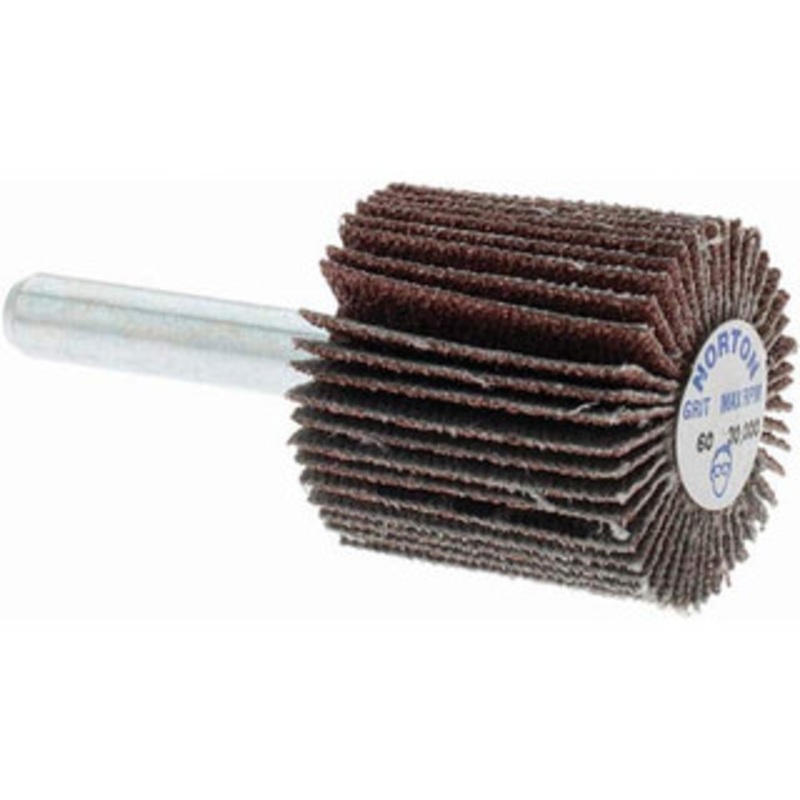 Norton 1 Diam x 1 Face Width, Medium Aluminum Oxide Coated Mounted Flap Wheel 1/4 Shank Mount, 60 Grit, Cloth Backing, 30,000 Max RPM 63642502580 – 04121984